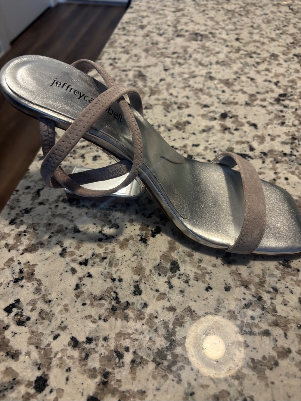 Jeffrey Campbell Silver Insole Taupe Suede Strappy Heel